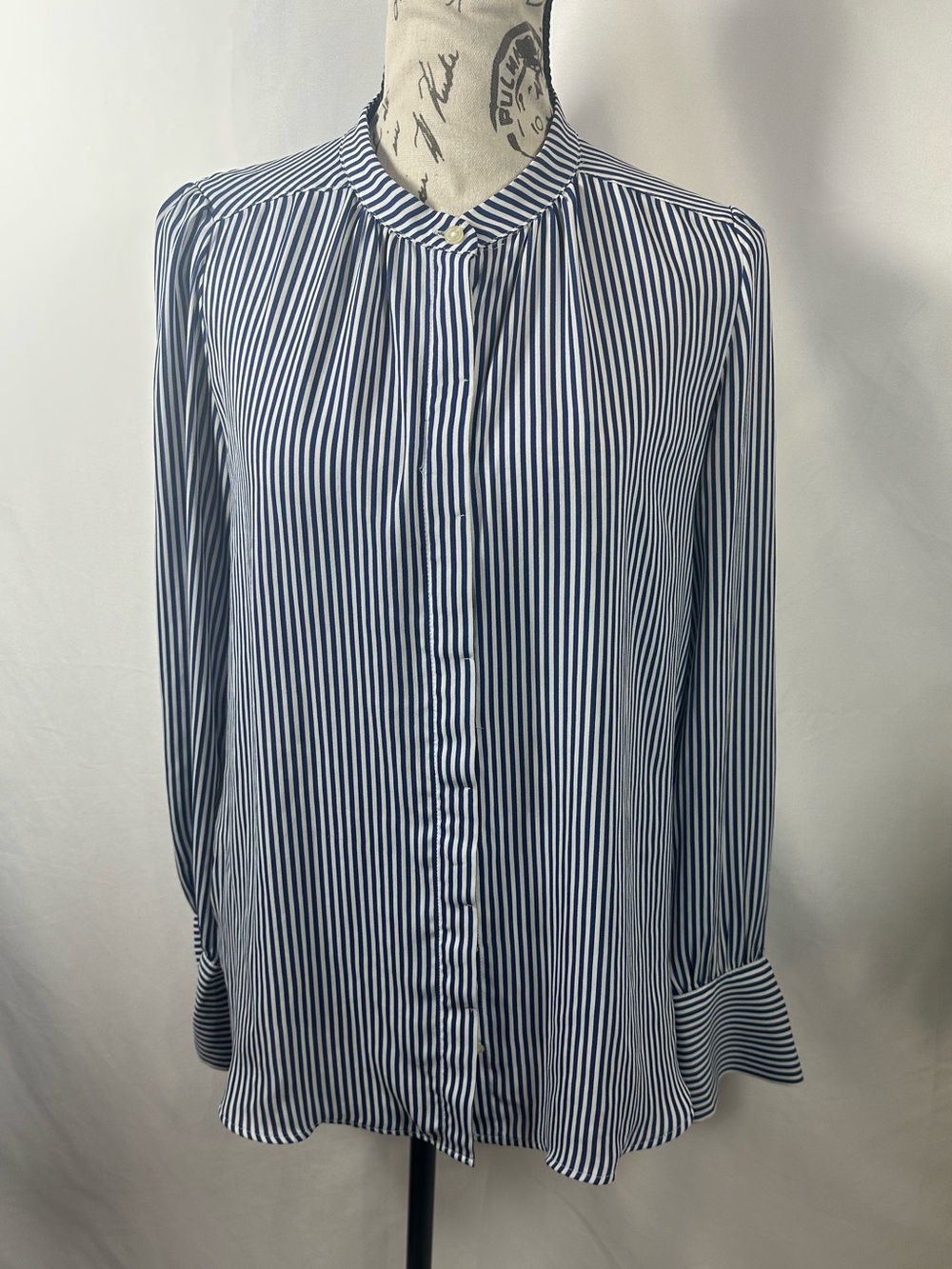 LOFT Navy and White Vertical-Stripe Button Blouse - Picture 2 of 11